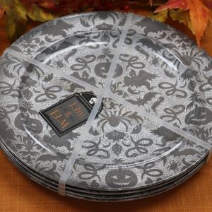 13TH & ELM HALLOWEEN MELAMINE ROUND DINNER PLATES PUMPKINS GHOSTS BATS-GRAY- S/4